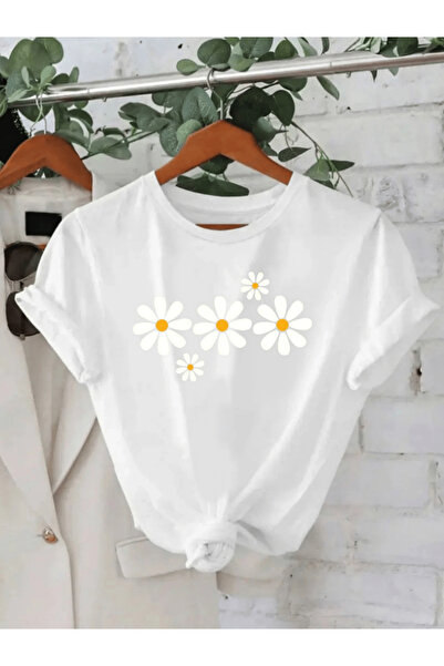 12 Teknoloji Women's White Daisy Print T-Shirt - Short Sleeve Round Blouse-Co...