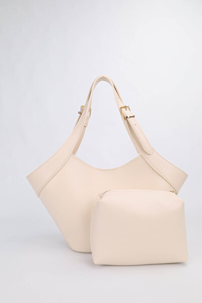NOTHING Women's Cream Medium Size Makeup Bag with Belt Strap Detail, Hand and...