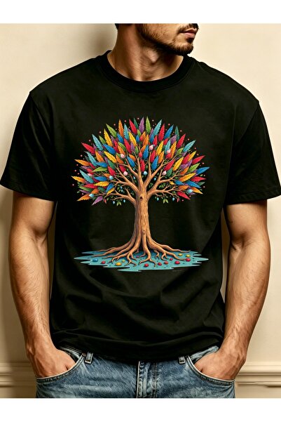 NOURAM Colorful Tree Pattern Men Round Neck T-Shirt Loose Fit 100 Percent Pur...