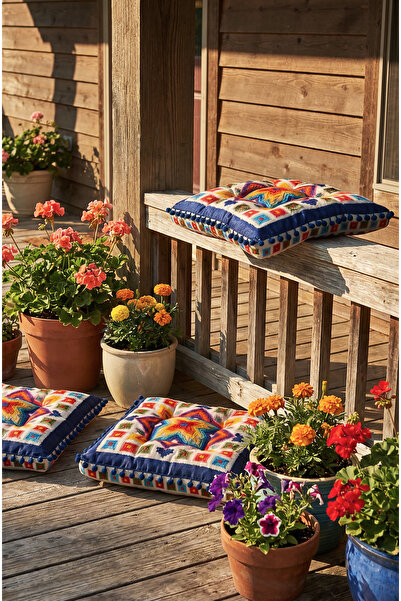 CANİLA Modern Mavi Şeker Motifli Renkli Sandalye Minderi 43x43x7 Cm Ponponlu ...