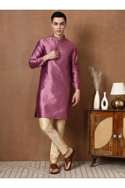 Devoiler Mens Self Design Jacquard Silk Kurta Set
