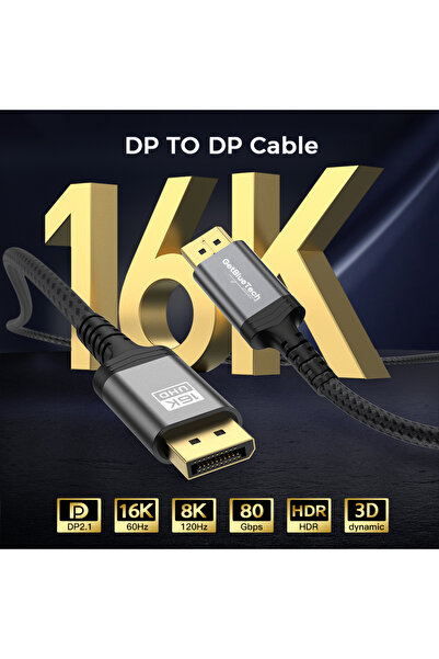 GetBlueTech DisplayPort 2.1 Kablo 80Gbps 16K 60Hz 4K 240Hz 360Hz HDR 1 Metre