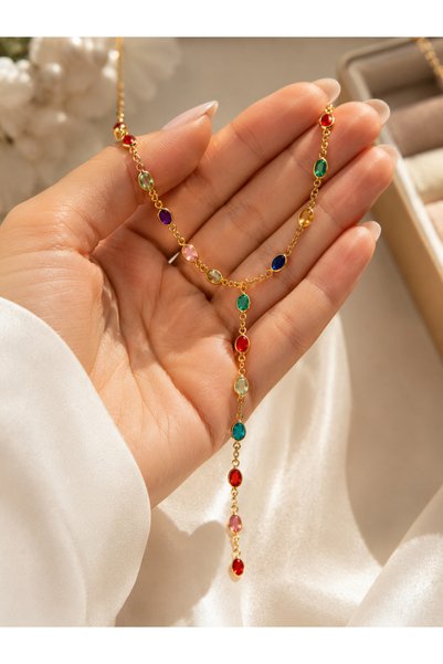 Sweet bunny Gold Y Model Necklace with Colorful Stone Detail |   Elegant and Stylish Design