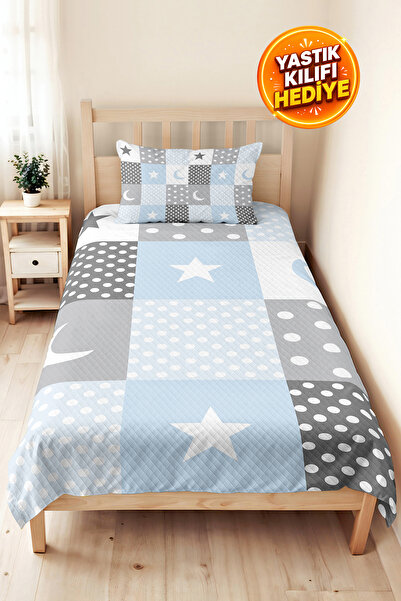 Evimde Bambaşka Yıldız Ay Blue Young Room Single Pique Set - Gray Geometric 1...
