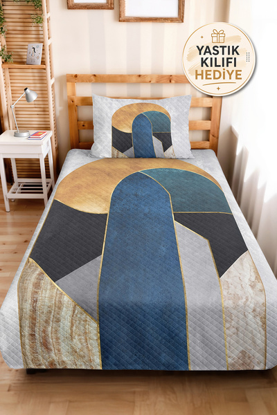 Evimde Bambaşka Set cuvertură de pat matlasată, cu design geometric, albastru...
