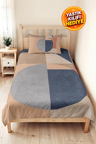 Evimde Bambaşka Blue Geometric Modern Young Room Single Pique Set-Powder Beig...