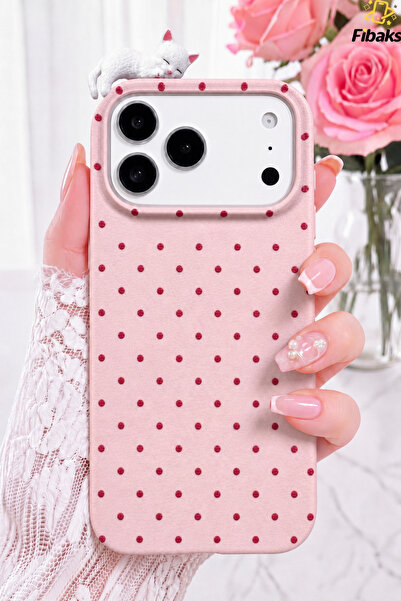 Fibaks iPhone 17 Pro Kılıf 3D Kedi Pembe Puantiye Noktalı Figürlü Kamera Koru...