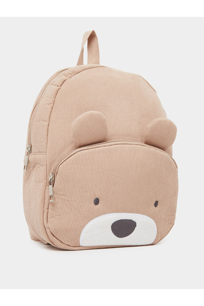 Styli Boys Beige Corduroy Bear Backpack 24x31x10cm