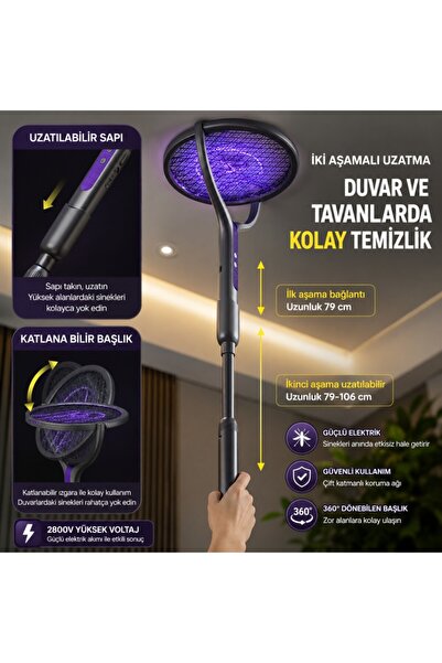 Polham 105 CM Uzatılabilir Elektrikli Sinek Öldürücü Raket, Şarjlı 2800V Yüksek Voltajlı, 360 Dönebi