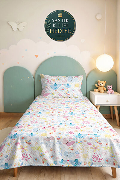 Evimde Bambaşka Butterfly Flower Pastel Girl's Pique Set - Blue Pink Baby Roo...