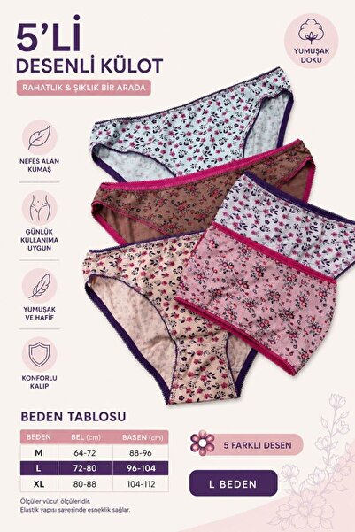 NİVENE Women's 5-Piece Flowered Lace Patterned Cotton Slip Underwear Set