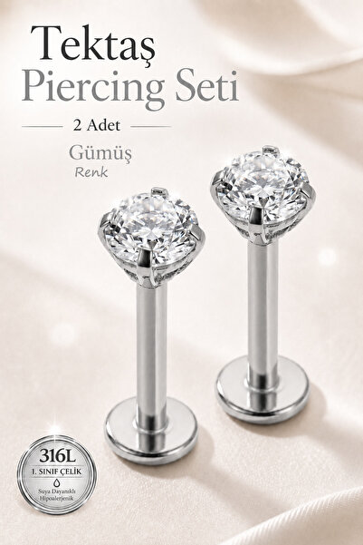 moonzy - minimalist & cozy 2’li Set Tektaş Piercing 316L Çelik 3 mm Taşlı Hel...