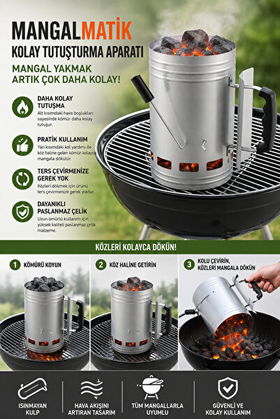 Binbirreyon Mangalmatik Kolay Mangal Yakma Aparatı Dökme Kollu Çelik Mangal K...