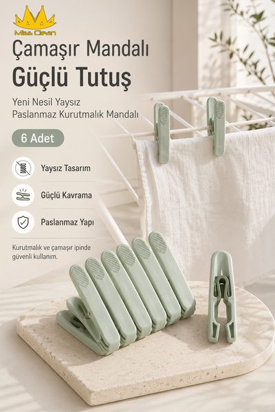 Miss Clean 6 Adet Yeni Nesil Yaysız Çamaşır Mandalı Güçlü Tutuş Paslanmaz Kur...