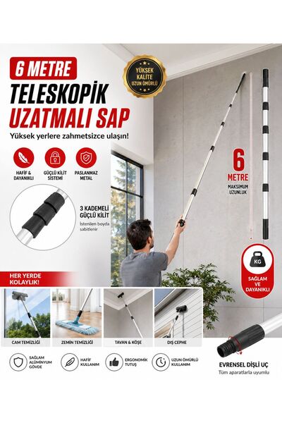 Ceyhanlar 6 Metre Teleskopik Uzatma Sapı 3 Kademeli Metal Sırık Cam Silme Boy...