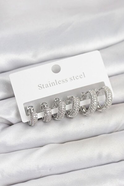 norsary 316L Steel Silver Color Zircon Stone Hoop Earrings Set