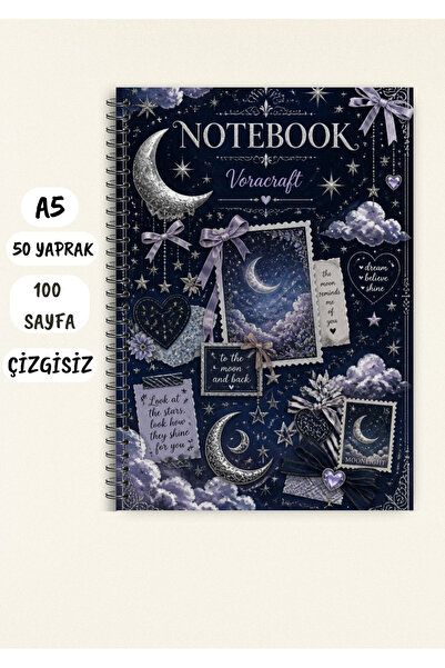 VORACRAFT Gece Temalı Not Defteri 50 Yaprak /100 Sayfa, A5 / Tel Spiral CZGSZ...