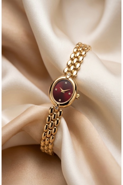 KLISHE Butik Women's Watch Steel Watch Gold Color & Burgundy Dial Minimal Vin...