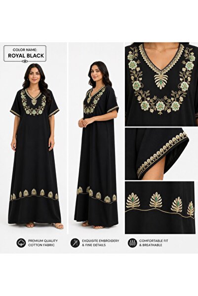 AYOUSH Women's Long Cotton Embroidered Gown - Short Sleeves - Comfortable Ori...
