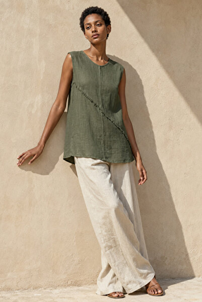 Ivoire Wear Khaki Cross Stitch Detailed 100% Cotton Sleeveless Women's Blouse