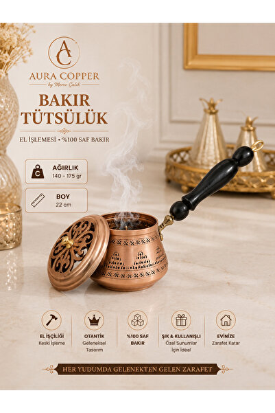 AURA COPPER Bakır Tütsülük Ahşap Saplı El İşlemeli Dekoratif Tütsü Kabı 22 cm