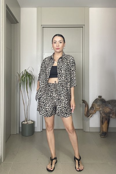 Butik Didem Sakinci Leopard Patterned Tiril Shirt Shorts Set