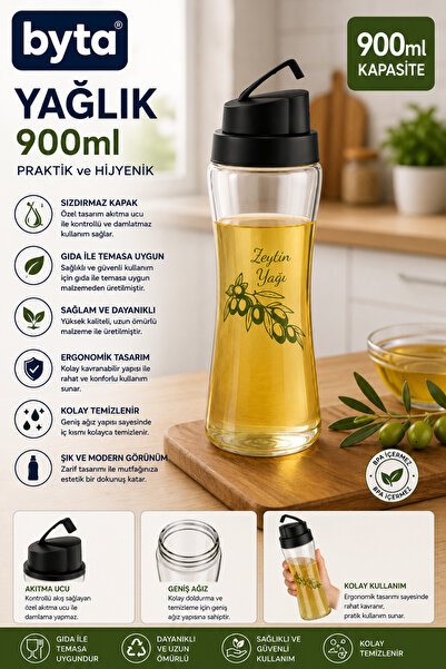BYTA 900 ml Akıtmaz Yağlık Zeytinyağı Şişesi Damlatmaz Akıtma Kontrollü Şeffa...