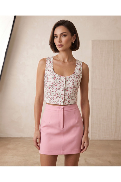 Glaura Fashion Kadın Çiçek Desenli Pamuklu Astarlı Crop Yelek