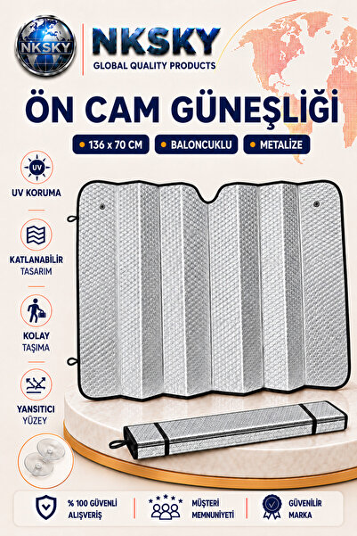 NKSKY A Kalite Oto Ön Cam Güneşlik 136x70 cm Metalize Baloncuklu Araç Güneş K...