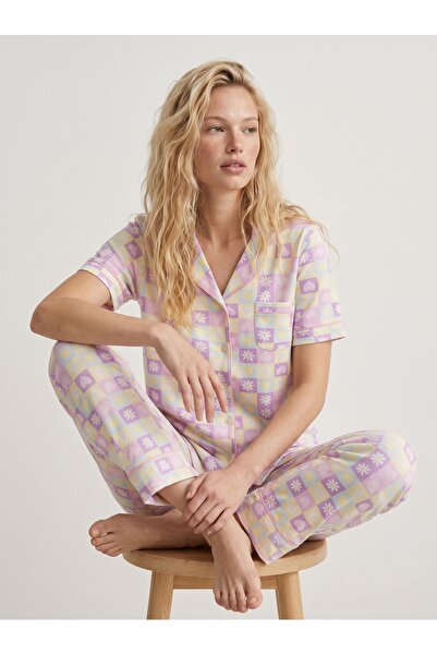 DAT Women's Lilac Heart Checkered Cotton Short Sleeve Pajamas Set