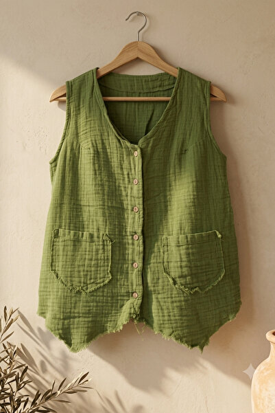 uraltaytowel Haki Kadın Vintage Müslin Yelek Boho Stil Düğmeli Bluz Yazlık Ha...