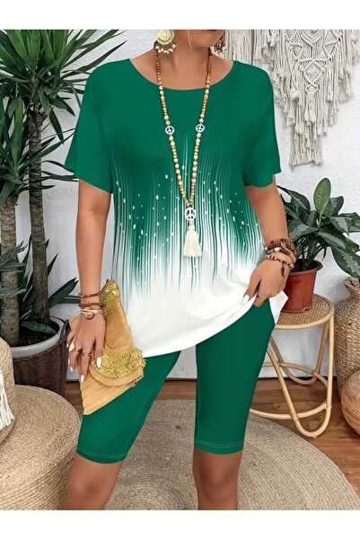 Generic Brand Women's Short Sleeve Crew Neck Patterned Diver Blouse and Leggi...