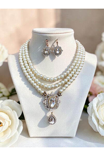 FAYRA ACCESSORIES Beyaz Kristal Taşlı İnci Kolye ve Küpe Seti