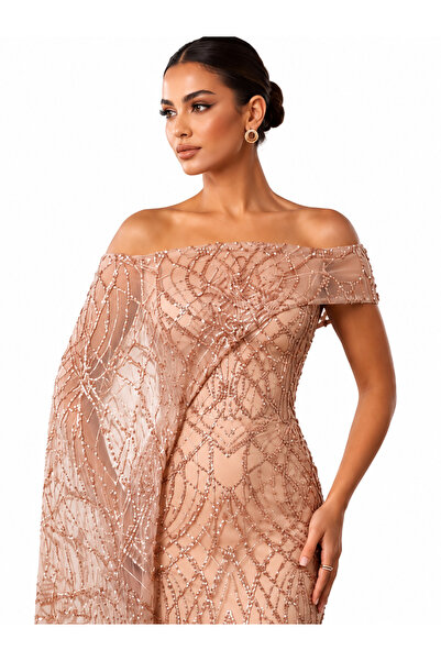 Lovely Dress Gri Kayık Yaka Taş İşlemeli Tek Kol Pelerin Detaylı Balık Uzun A...
