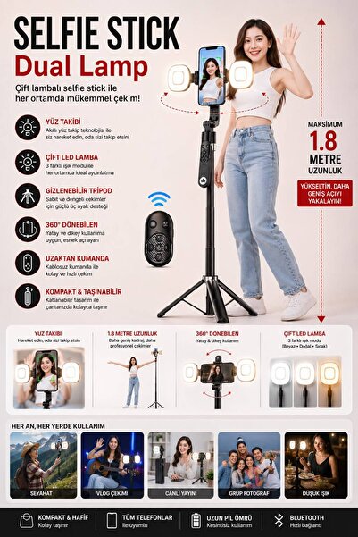 Nomker iPhone 17 Pro Uyumlu LED Işıklı Bluetooth Selfie Çubuğu & Tripod Bluet...