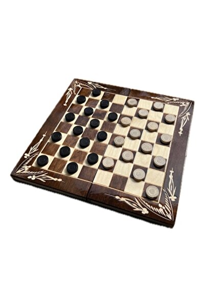 OEM Joc de table și dame din lemn, lucrat manual, 38x38 cm, Maro cu alb