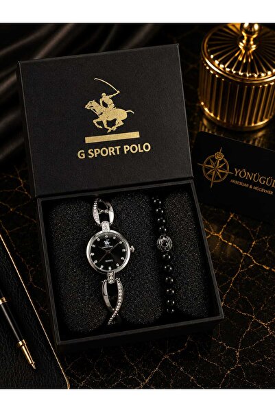 G Sport POLO ساعة يد نسائية بسوار من الحجر الطبيعي، هدية، قرص أسود، سوار فضي ...