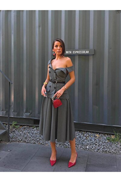 MADAME MELEK Premium Lined Vest Skirt Set with Belt Detail, Midi Length Styli...