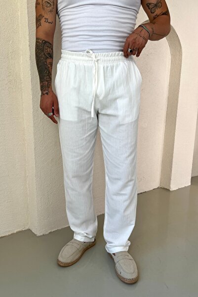 OUTFİT MAN Kırınkıl Linen Comfortable Fit Trousers White
