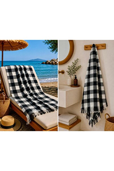 Missi Aegean Breeze Thin Peshtemal - Black Plaid 100% Cotton Beach, Pool and ...