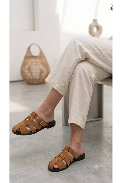 en7 Γυναικείες παντόφλες με χρυσή πόρπη Taba H Model, Suede Daily Flat Sole S...