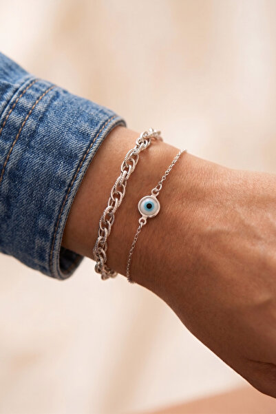 Elika Silver Nazar Model Double Bracelet Set