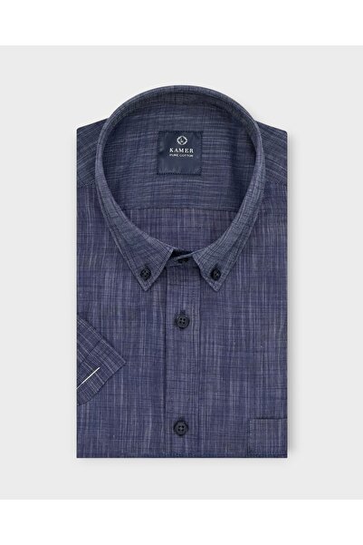 KAMER Men's Regular Fit Short Sleeve 100% Cotton Button-Up Collar Navy Blue S...