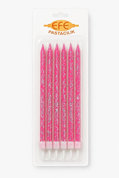 EFE PASTACILIK Pembe Gümüş Simli Uzun Pasta Mumu 17 Cm