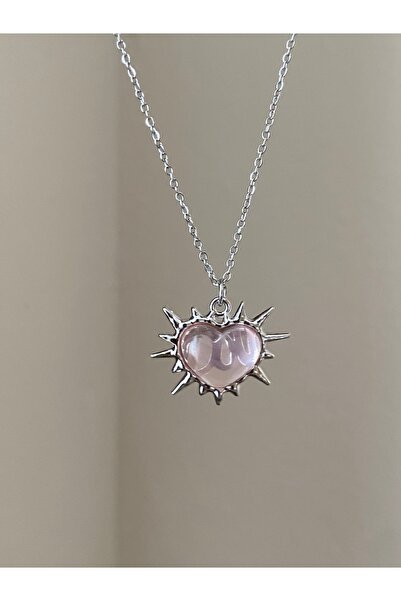Petek Collection Steel Pink Heart Doll Gothic Silver Necklace