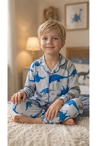 Enie Set de pijamale din bumbac cu model de dinozauri pentru băieți, pentru 4...