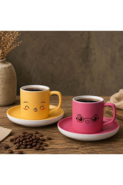 Bk Gift Set of 2 Yellow and Pink Color Emoji Face Design Ceramic Turkish Coff...