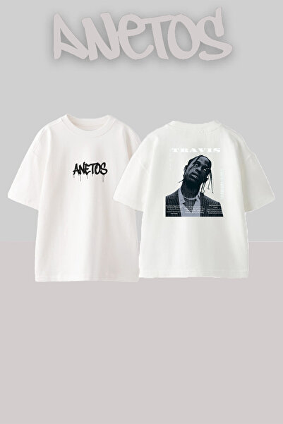 Anetos Travis Scott_119 Σχεδιαστικό εμπριμέ μπλουζάκι σε μεγάλο μέγεθος, λευκό