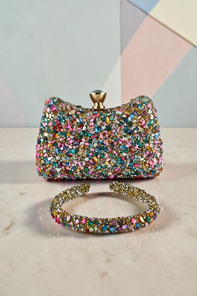 DNC Art&Deco Colorful Shiny Stone Evening Dress Bag with Crown Gift - Multi-C...