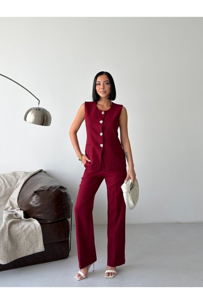 Bukamiss Vestă și pantaloni cu nasturi aurii pentru femei, set din două piese - Roșu Claret
